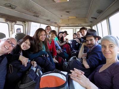 Traveling to the ruin Inca volunteers ride a bus to the site